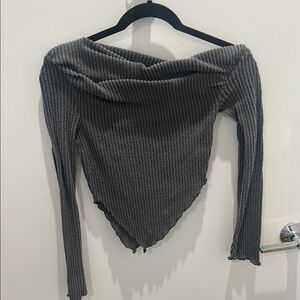 Gray Ribbed Off-Shoulder Sweater